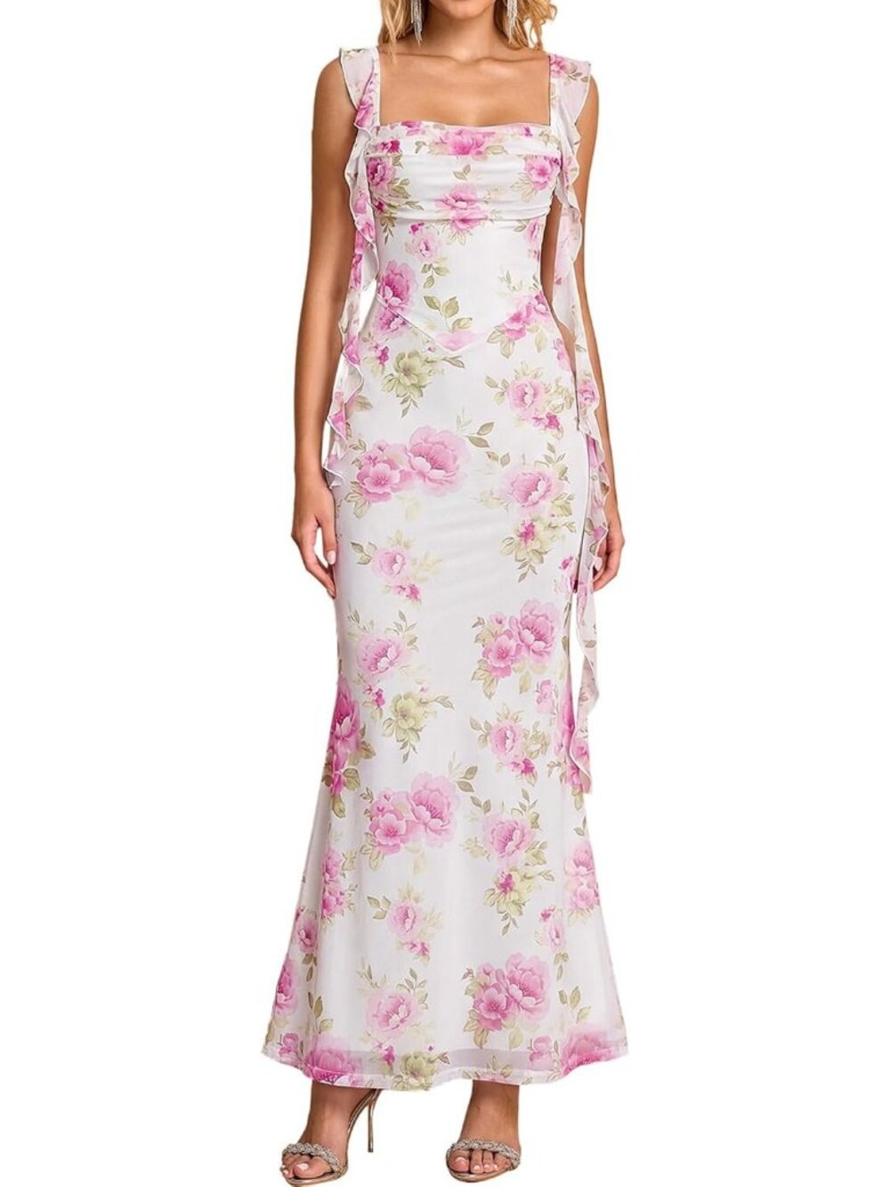 Women's Pink Floral Boat Neck Elegant Ruffle Bodycon Formal Cocktail Maxi Dress
